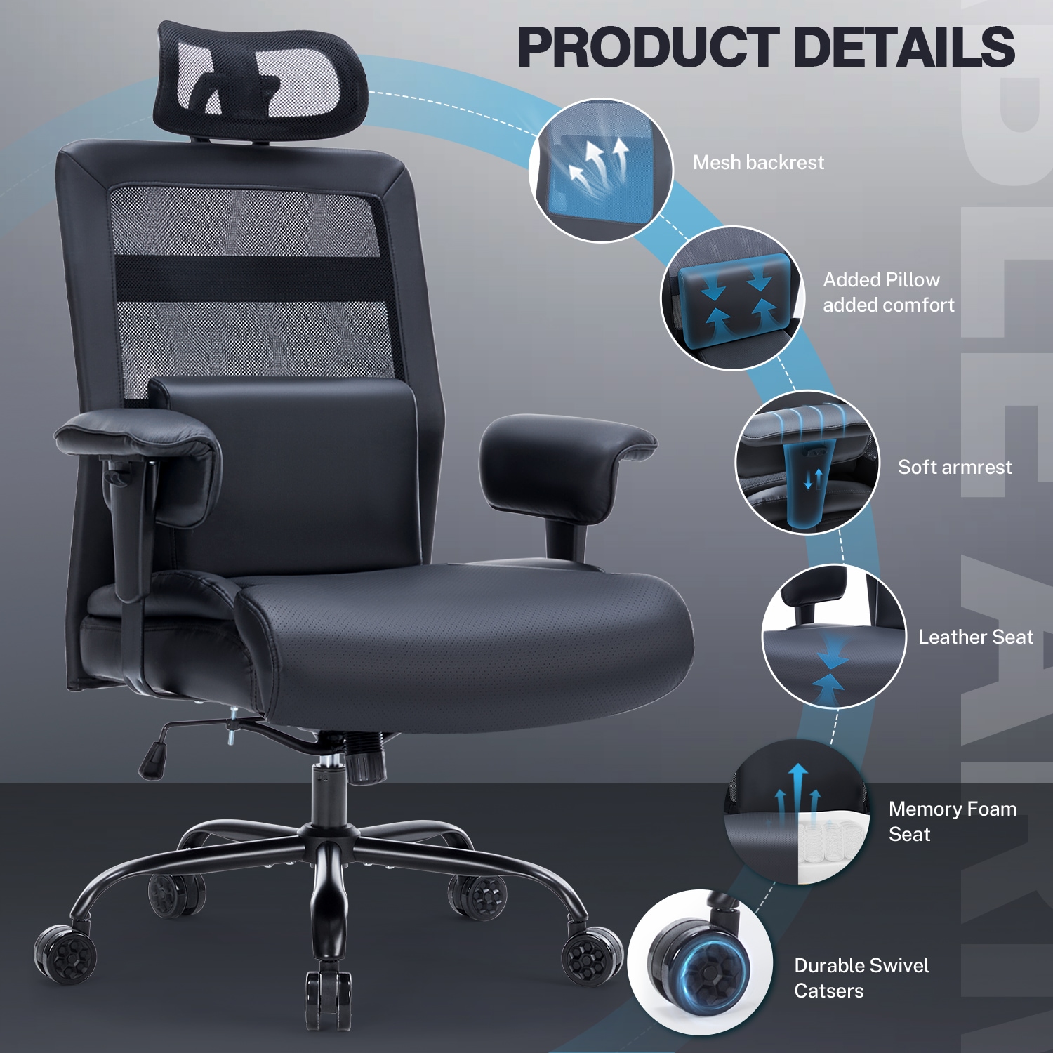 600lbs Massage Big And Tall Office Chair, Plus Size Computer Chair With Extra Wide Seat Large Wheels, Heavy Duty Executive Office Chairs, Mesh High Back Desk Chairs With Lumbar Support, Black_voghion.com